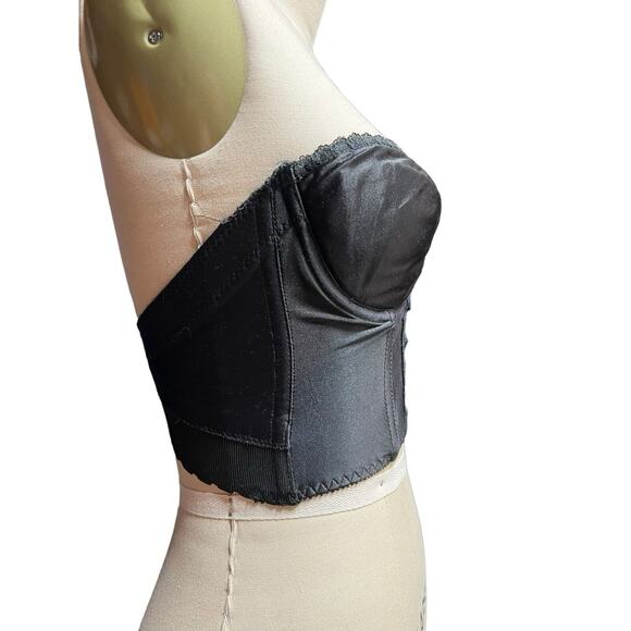 Vintage Black Lace Satin Backless Smoothie Strapless Bra 34B Corset Bustier - Picture 5 of 9